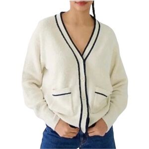 J Crew Cardigan Sweater Boucle V-Neck Off White Navy, M